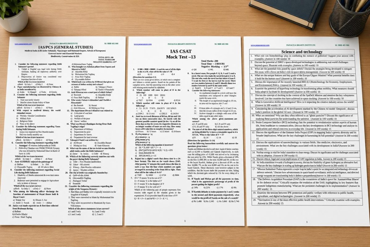 IAS/PCS General Studies and IAS CSAT mock test papers set at Panacea Bharti Institute