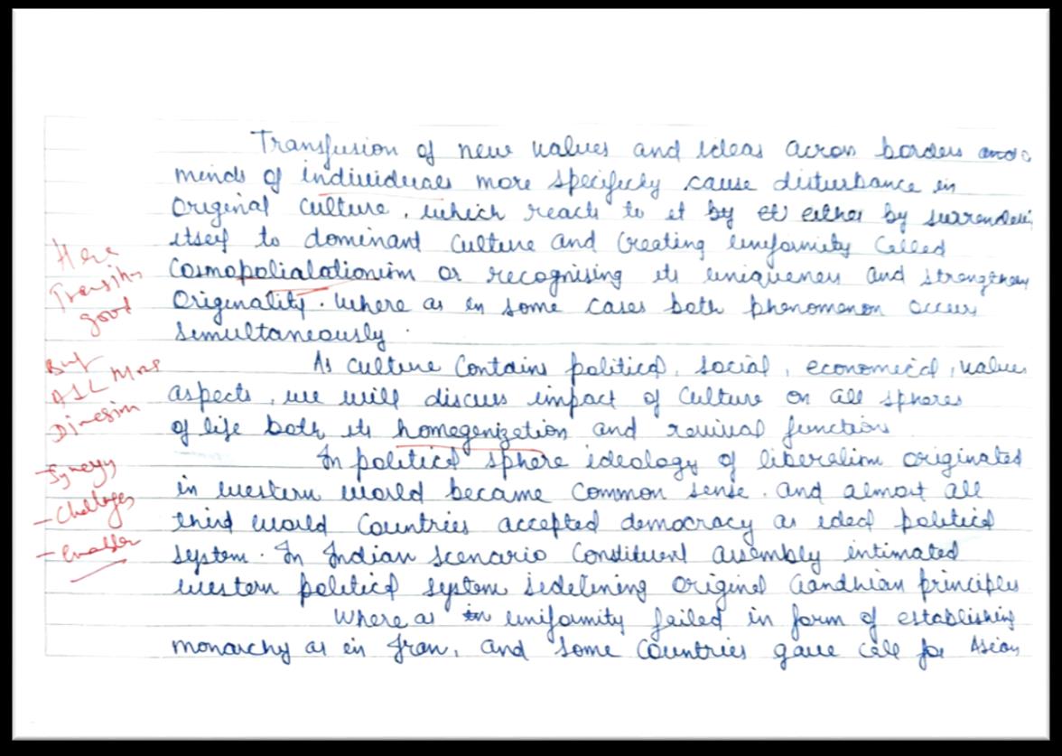 Second page of the same evaluated mains answer, with the evaluator&rsquo;s remarks in the margin