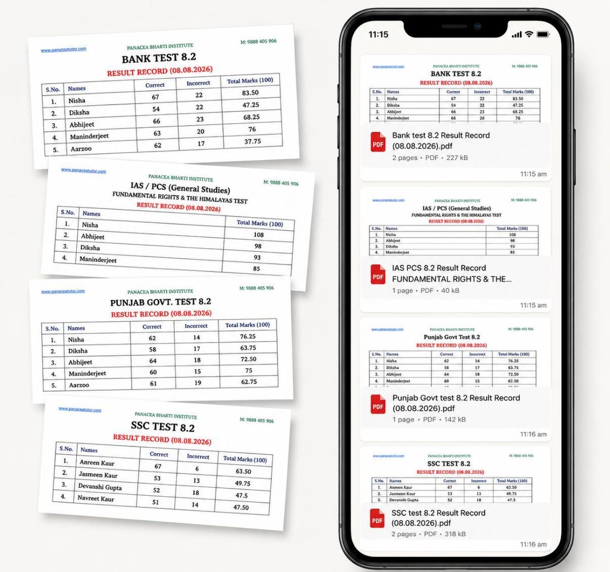 Weekly test result records for the Bank, IAS/PCS, Punjab Govt. and SSC tests, also shared on mobile
